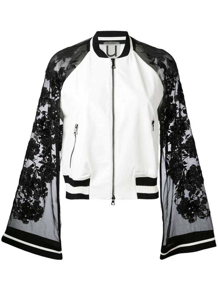 Aviù - Sheer Sleeves Bomber Jacket - Women - Silk/leather/polyester/spandex/elastane - L, White, Silk/leather/polyester/spandex/elastane