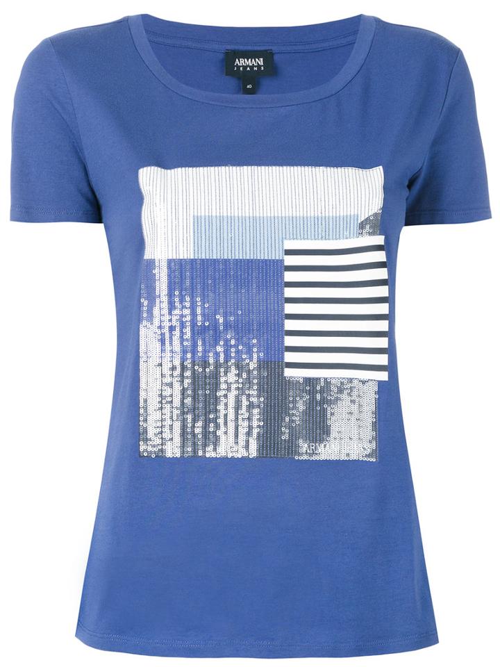 Armani Jeans - Sequined Square T-shirt - Women - Cotton/spandex/elastane - 48, Blue, Cotton/spandex/elastane