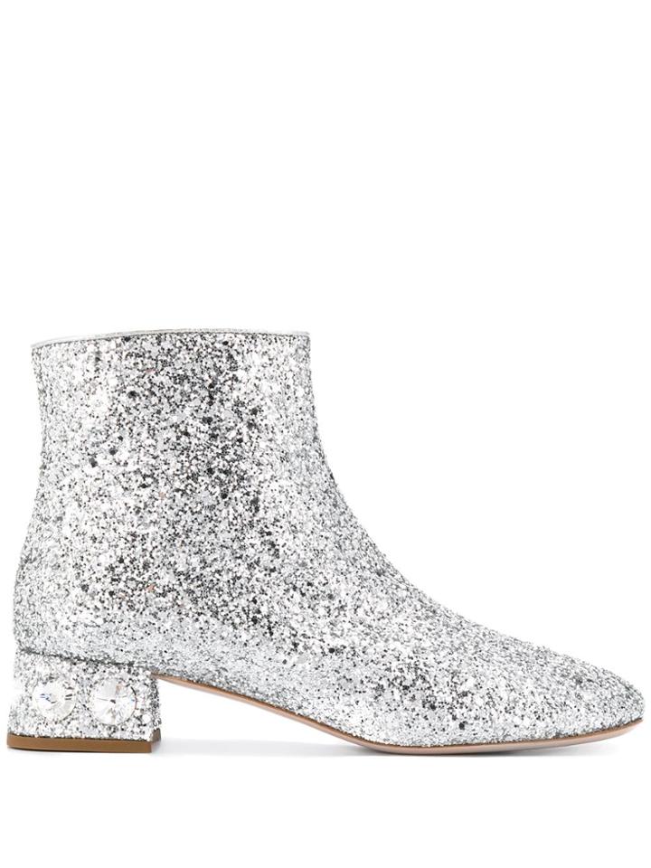 Miu Miu Glitter-embellished Ankle Boots - Silver