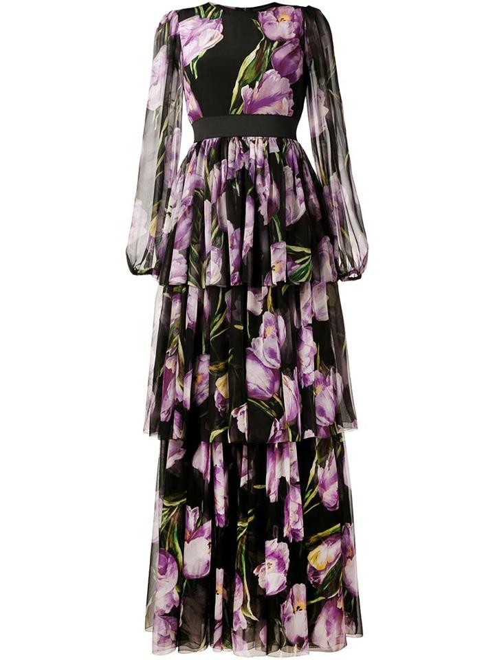 Dolce & Gabbana Long Tulip Print Dress, Women's, Size: 40, Black, Silk/cotton/spandex/elastane