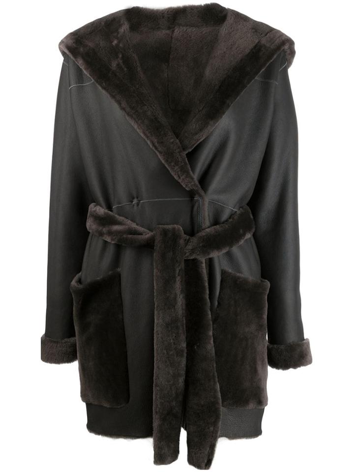 Liska Belted Lamb Skin Coat - Black