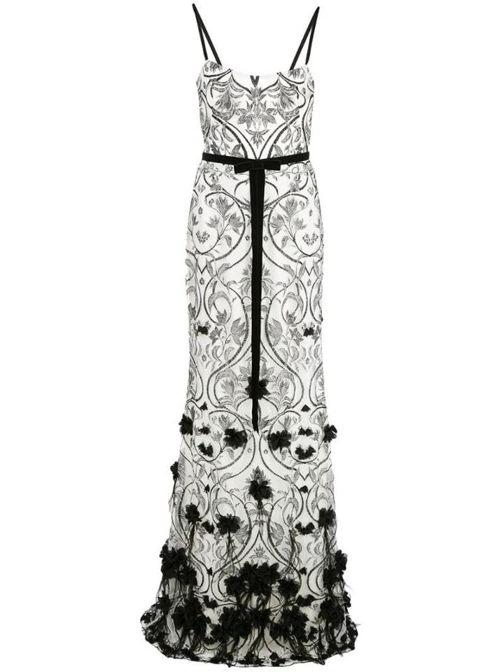 Marchesa Notte 3d Floral Feather Gown - White
