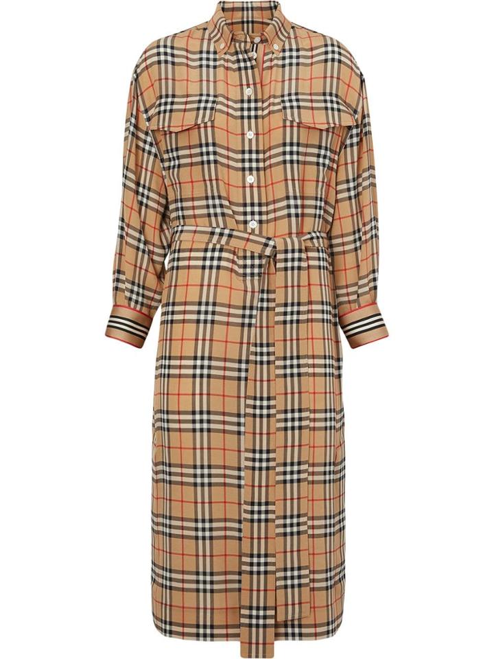 Burberry Vintage Check Silk Tie-waist Shirt Dress - Yellow