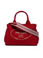 Prada Canvas Logo Striped Tote - Red
