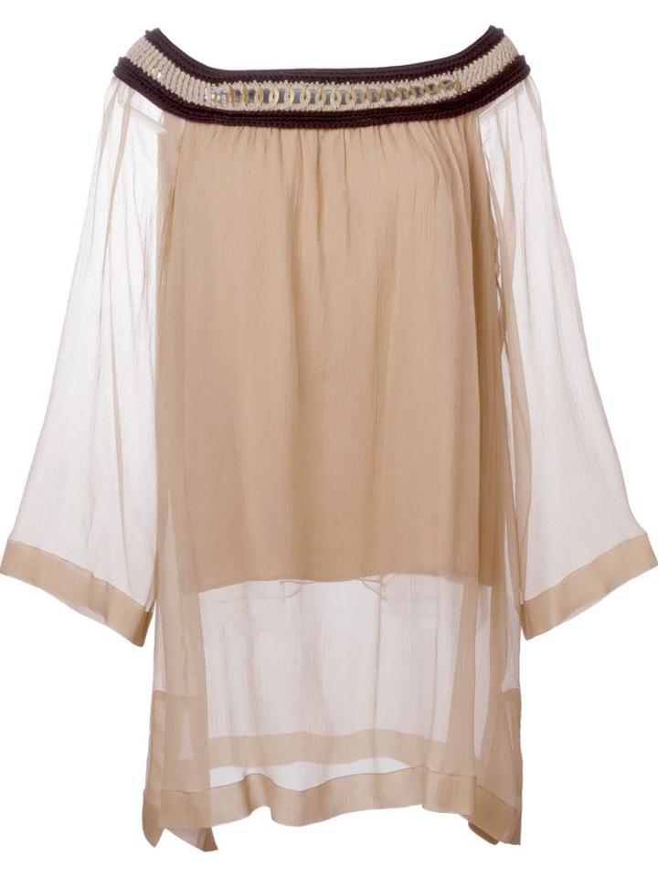 Alberta Ferretti Long Loose Fit Boat Neck Weave Detail Blouse, Women's, Size: 42, Nude/neutrals, Silk/cotton