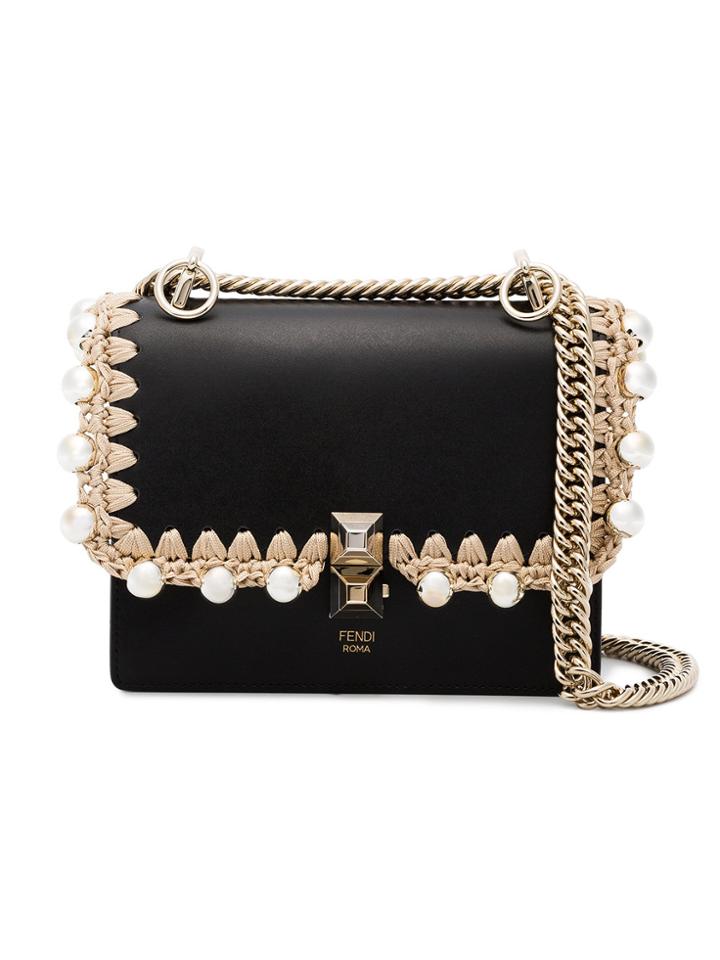Fendi Black Kan I Small Leather Bag With Crochet Trim