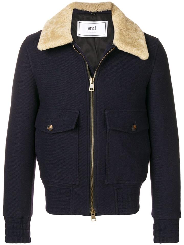 Ami Paris Shearling-trimmed Aviator Jacket - Blue