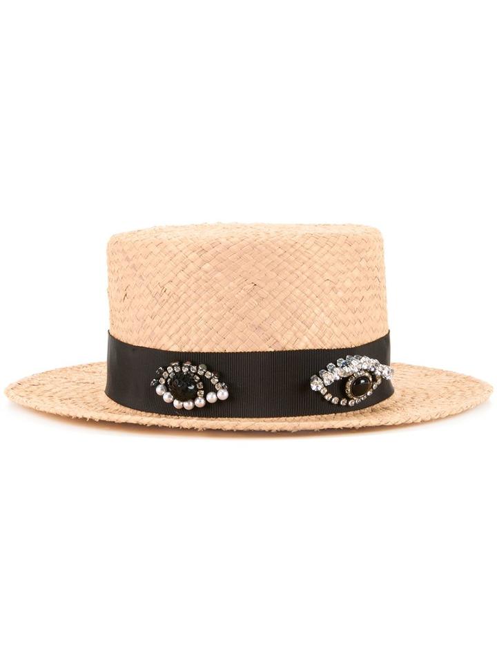 Muveil - Embellished Band Boater Hat - Women - Raffia - One Size, Women's, Brown, Raffia