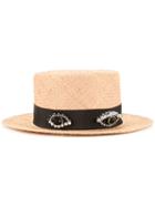 Muveil - Embellished Band Boater Hat - Women - Raffia - One Size, Women's, Brown, Raffia
