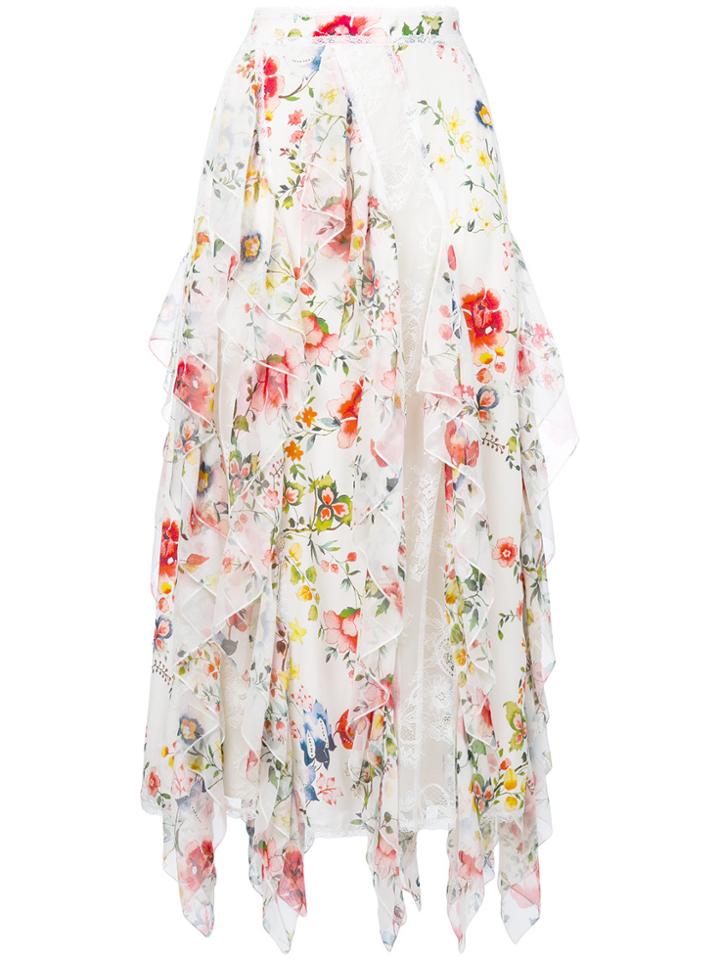 Alice+olivia Floral-print Lace-trimmed Ruffled Midi Skirt - White