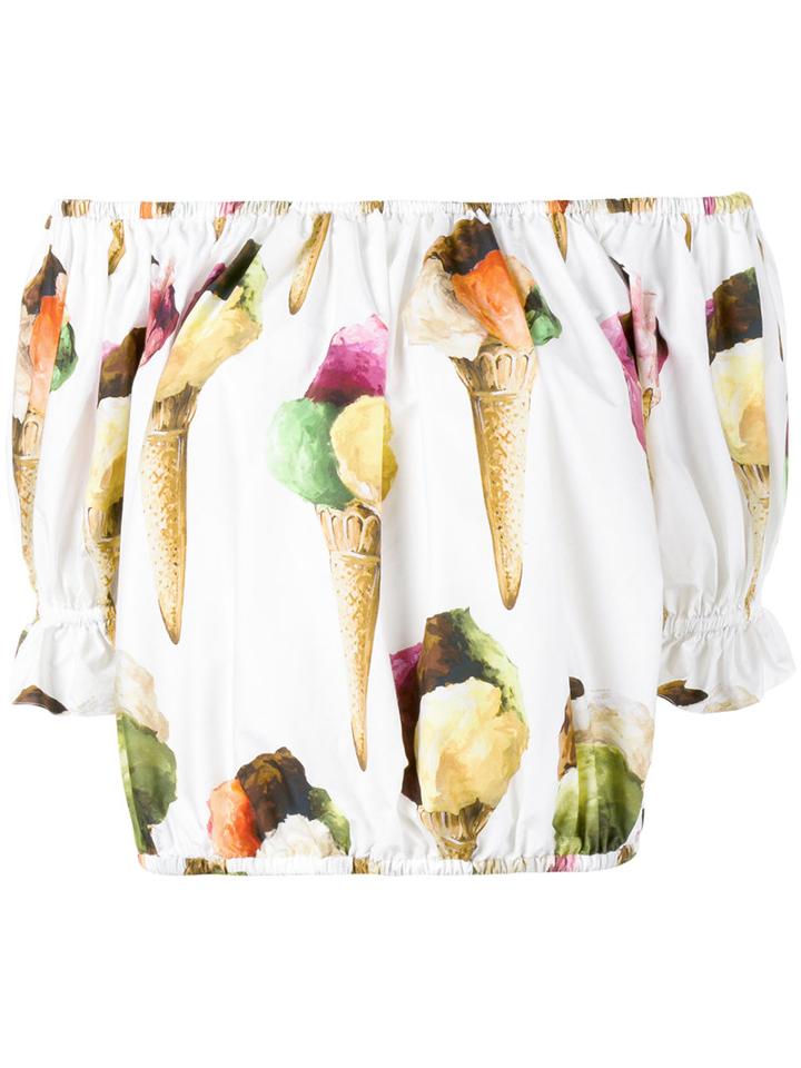 Dolce & Gabbana - Ice Cream Print Off-shoulder Top - Women - Cotton - 40, White, Cotton