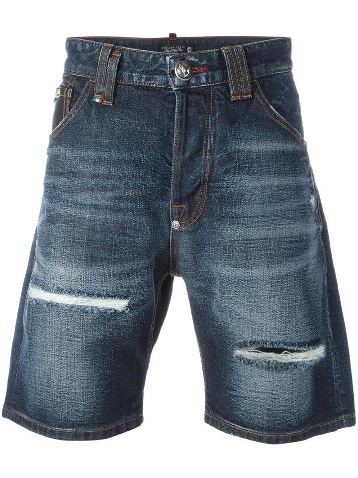 Philipp Plein Distressed Denim Shorts, Men's, Size: 29, Blue, Cotton/spandex/elastane