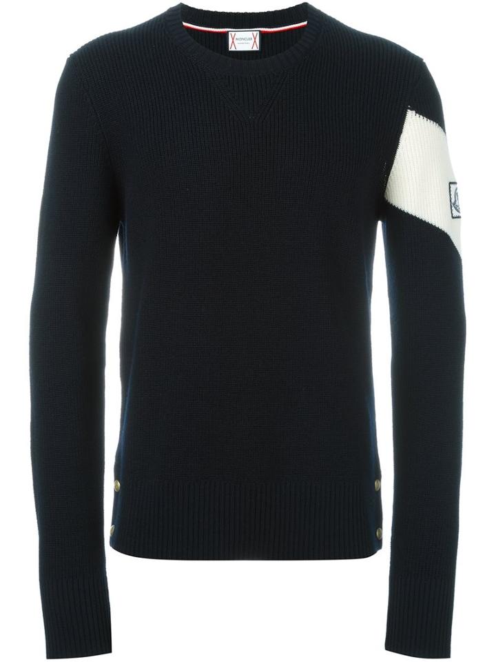 Moncler Gamme Bleu Contrast Stripe Jumper, Men's, Size: Large, Blue, Virgin Wool