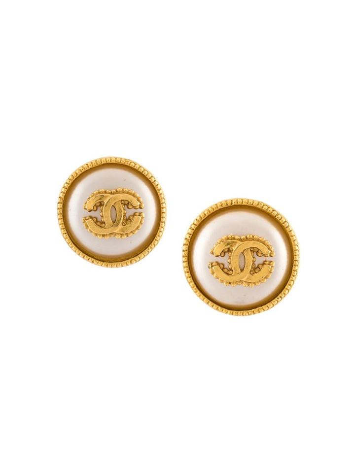 Chanel Vintage Logo Button Clip On Earrings