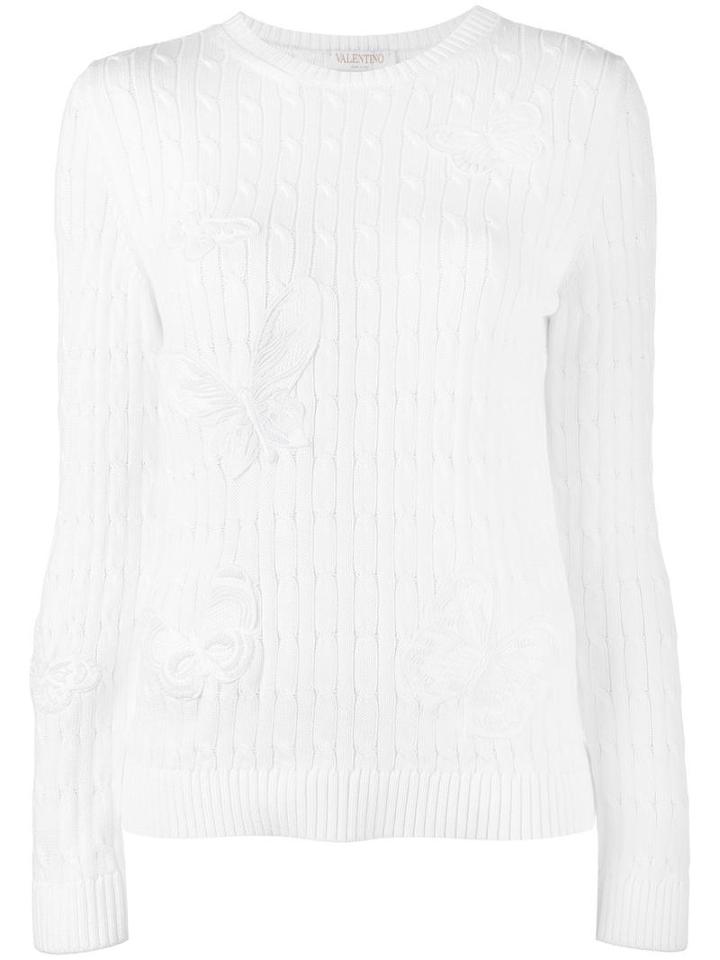 Valentino Floral Applique Cable Knit Jumper, Women's, Size: Small, White, Cotton/polyester