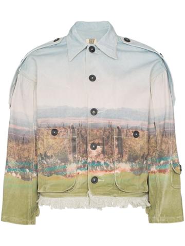 Nounion Cactus Print Epaulette Denim Jacket - Blue