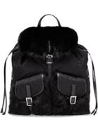 Prada Saffiano And Fur Trimmed Backpack - Black