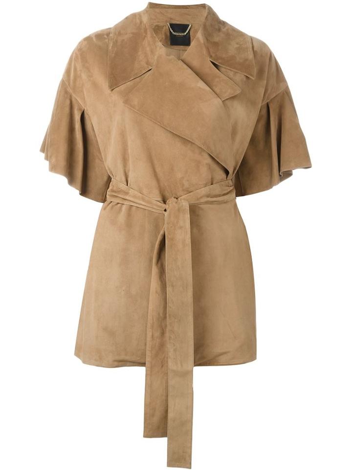 Agnona Ruffle Sleeve Caban Jacket, Women's, Size: 36, Brown, Calf Leather