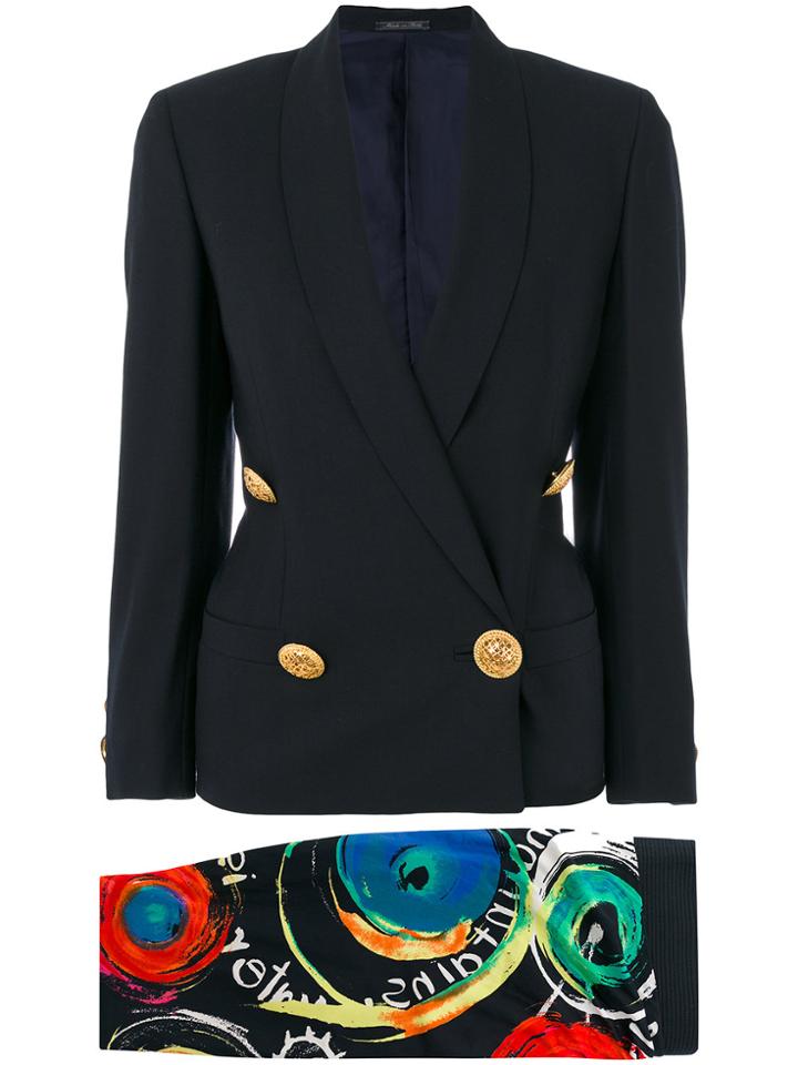 Versace Vintage Printed Skirt & Double-breasted Jacket - Blue