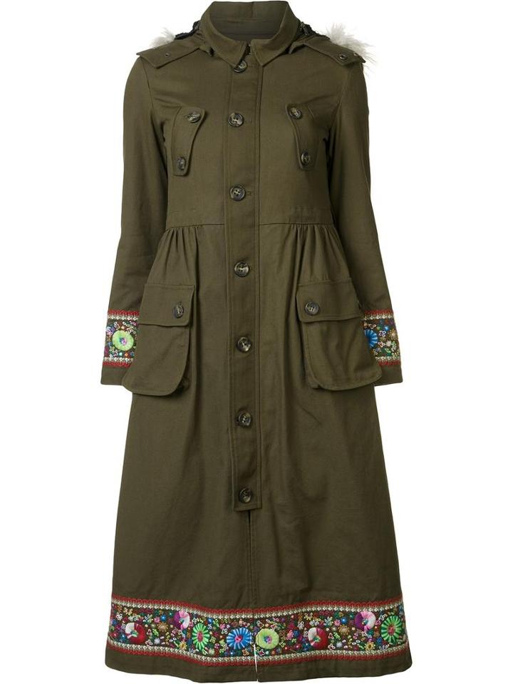 Red Valentino Faux Fur Hooded Embroidered Coat, Women's, Size: 42, Green, Polyester/viscose