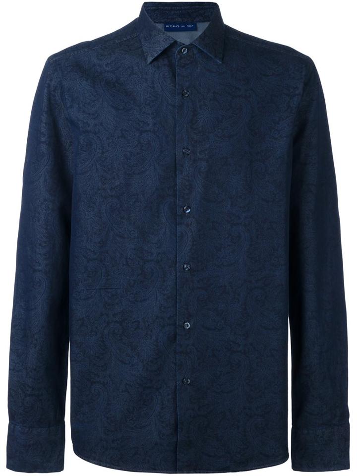 Etro Paisley Texture Shirt, Men's, Size: 42, Blue, Cotton