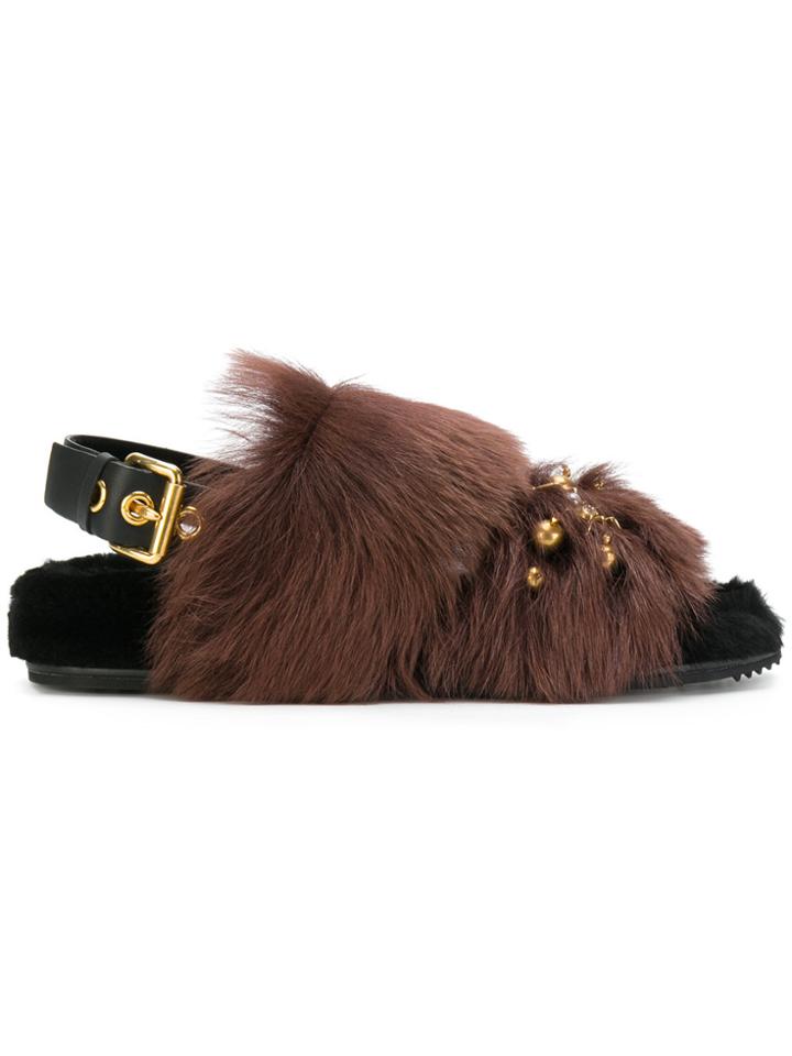 Car Shoe Embellished Fluffy Sandals - Brown