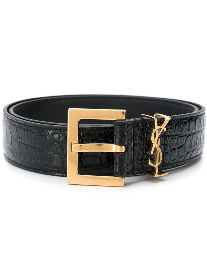 Saint Laurent Crocodile Effect Monogram Belt - Black