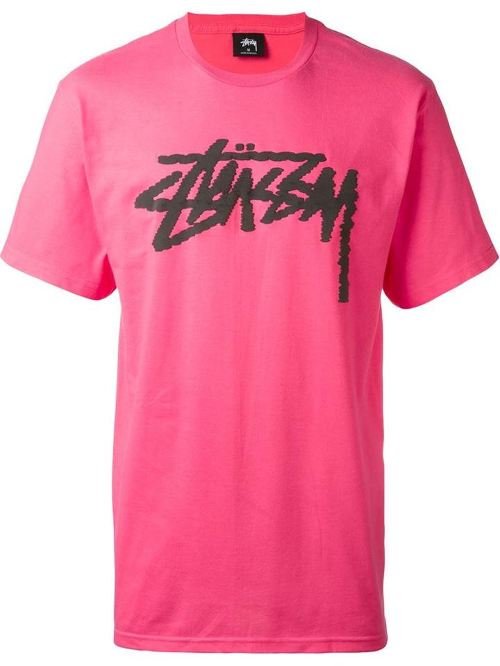 Stussy Logo Print T-shirt, Men's, Size: L, Pink/purple, Cotton
