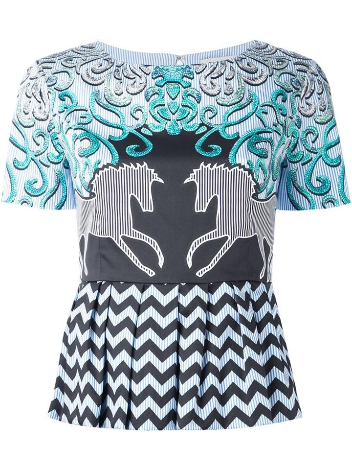 Mary Katrantzou Showmanship Print Peplum Top, Women's, Size: 8, Blue, Cotton/spandex/elastane/silk