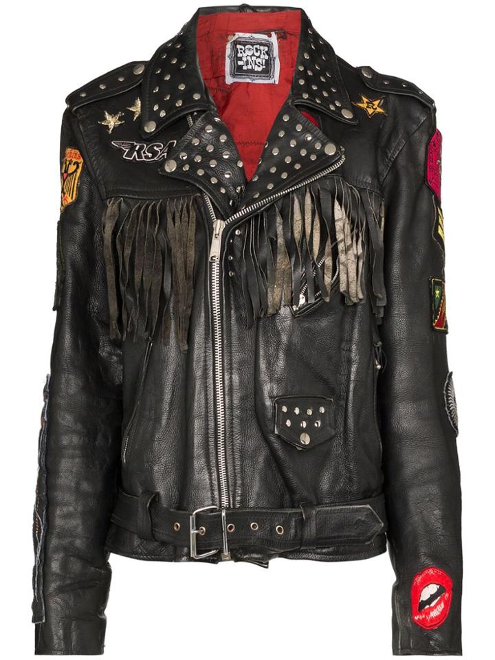 Rockins Patch Detail Fringed Biker Jacket - Black