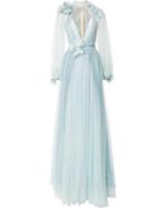 Marchesa Billowing Floral Detail Gown, Women's, Size: 4, Blue, Silk/polyester