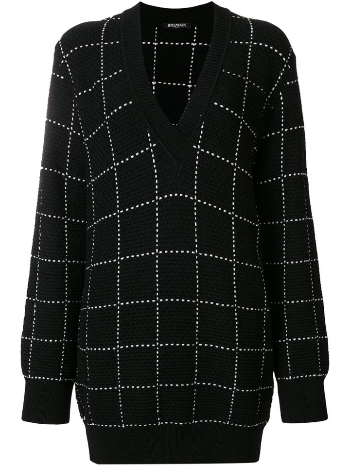 Balmain Grid Pattern V-neck Sweater - Black