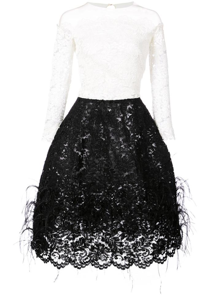 Oscar De La Renta Feathered Skirt Lace Dress - White