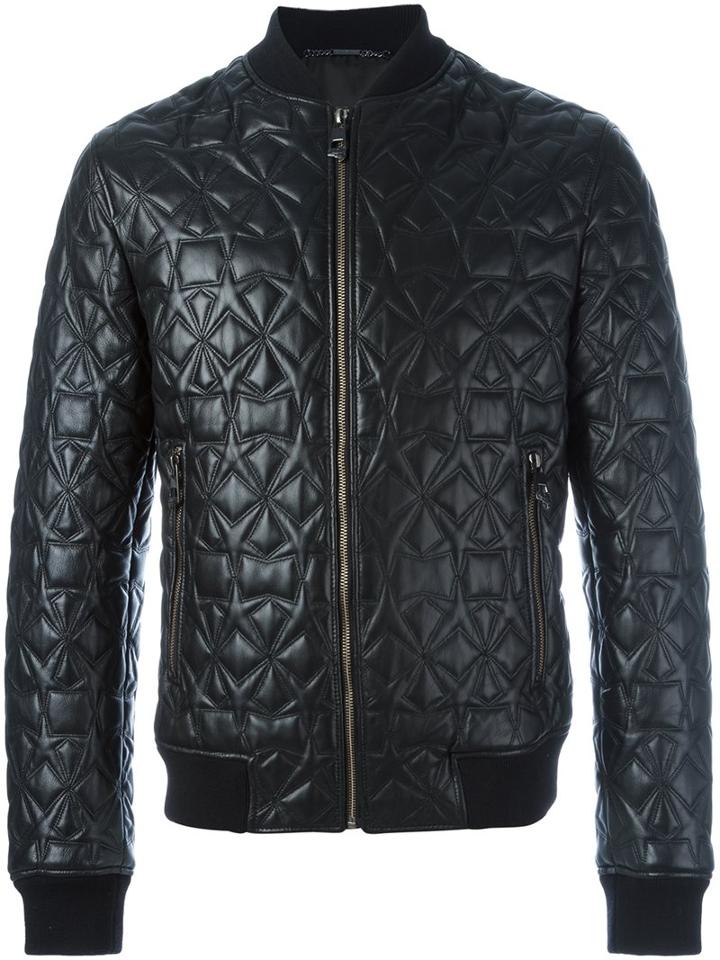Versace Collection Star Detail Bomber Jacket, Men's, Size: 54, Black, Lamb Skin/polyester