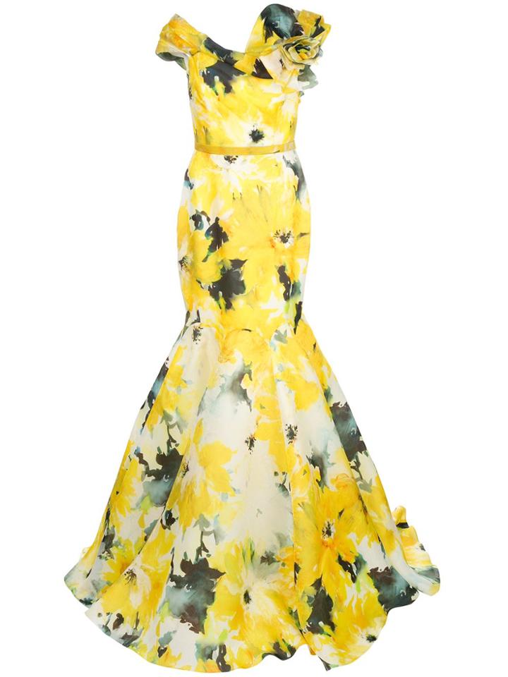 Marchesa Watercolour Bardot Neckline Evening Gown - Yellow