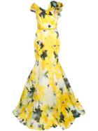 Marchesa Watercolour Bardot Neckline Evening Gown - Yellow