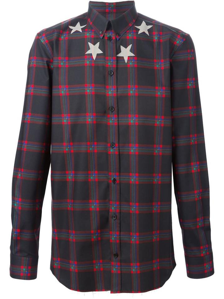 Givenchy Star Print Plaid Shirt, Men's, Size: 40, Black, Cotton