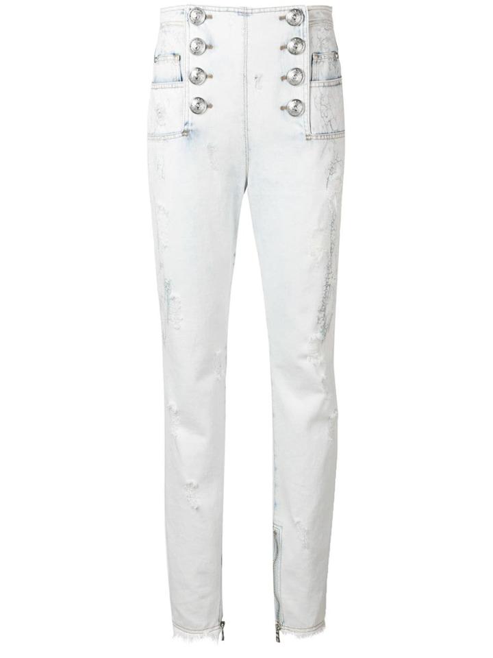 Balmain Shredded Button-front Jeans - Blue
