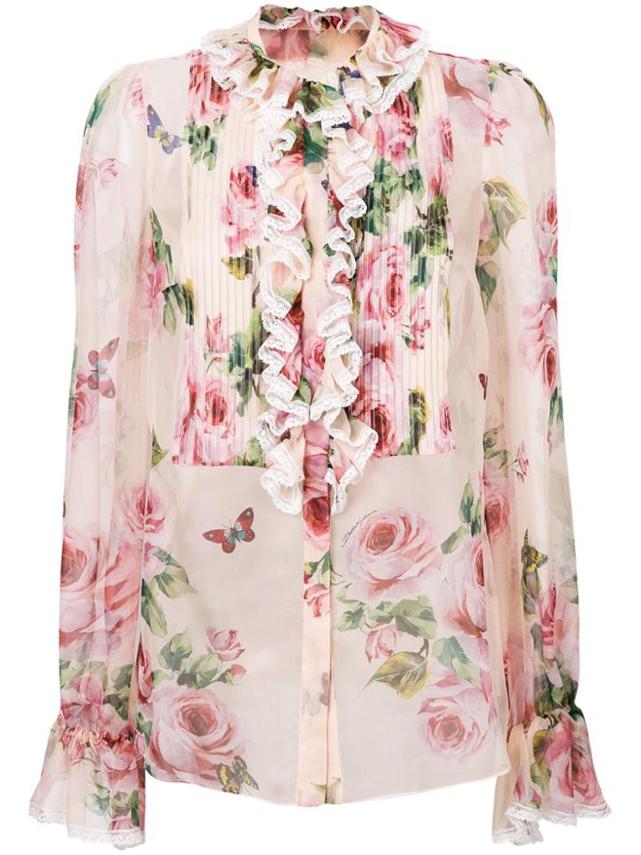 Dolce & Gabbana Rose Print Ruffled Blouse - Pink & Purple