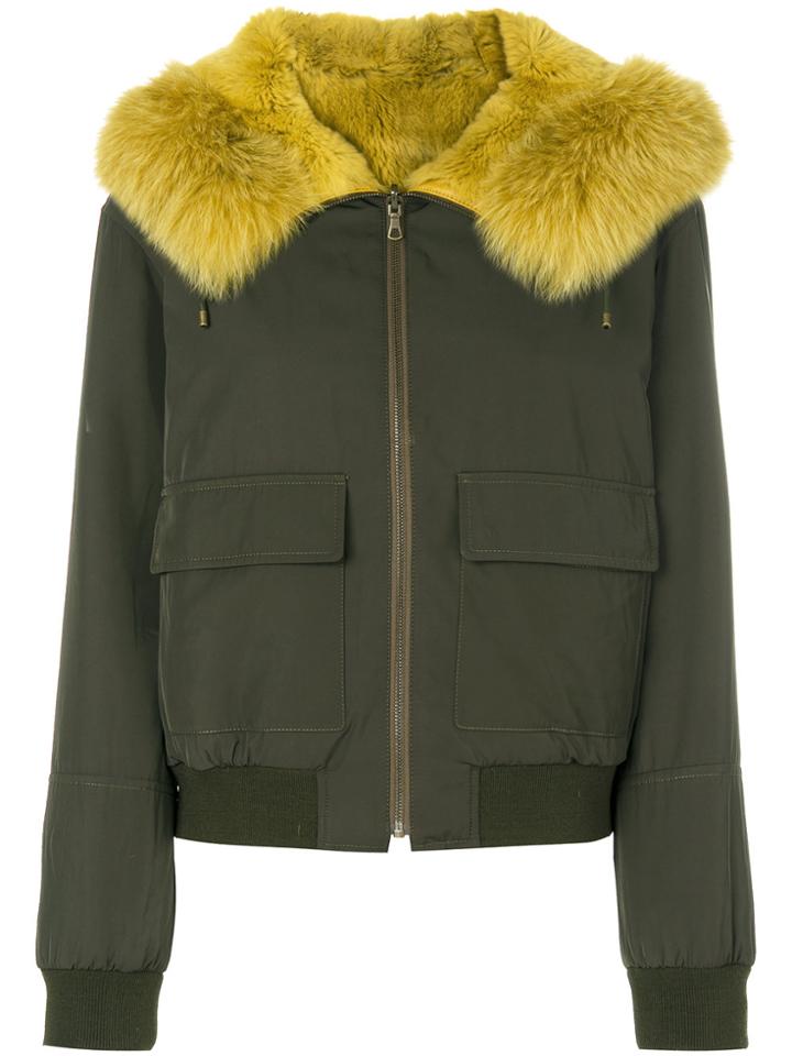 Army Yves Salomon Fur Hood Bomber Jacket - Green