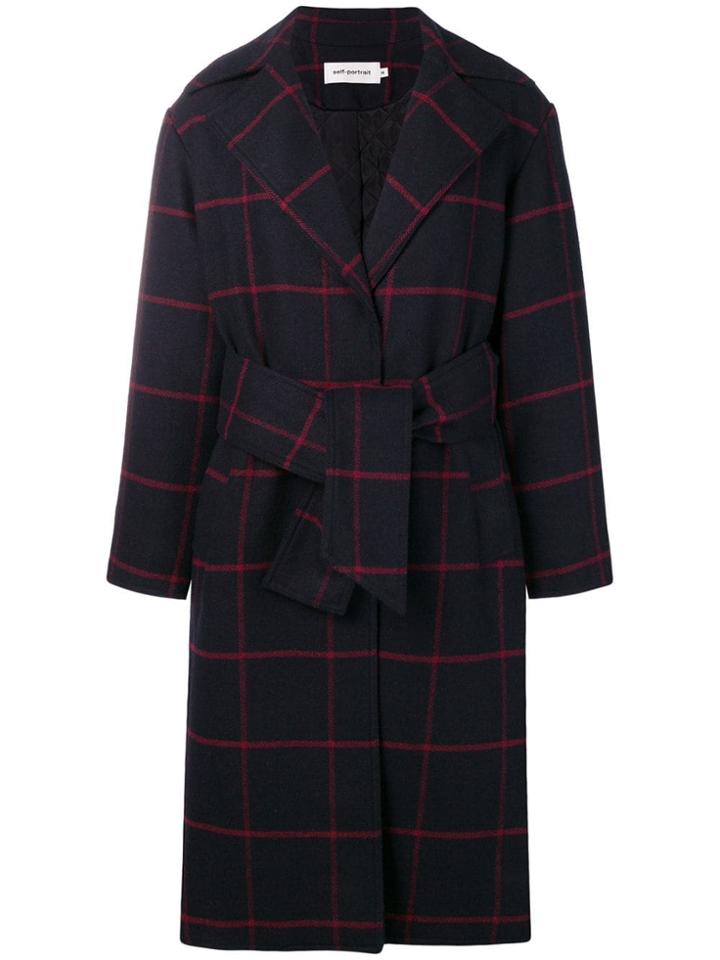 Self-portrait Check Belted Coat - Blue