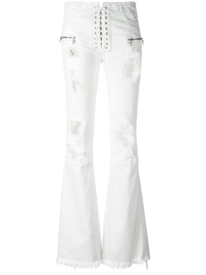 Unravel Project - Ripped Lace-up Flared Jeans - Women - Cotton/elastodiene/polyester/spandex/elastane - 27, Women's, White, Cotton/elastodiene/polyester/spandex/elastane