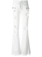 Unravel Project - Ripped Lace-up Flared Jeans - Women - Cotton/elastodiene/polyester/spandex/elastane - 27, Women's, White, Cotton/elastodiene/polyester/spandex/elastane