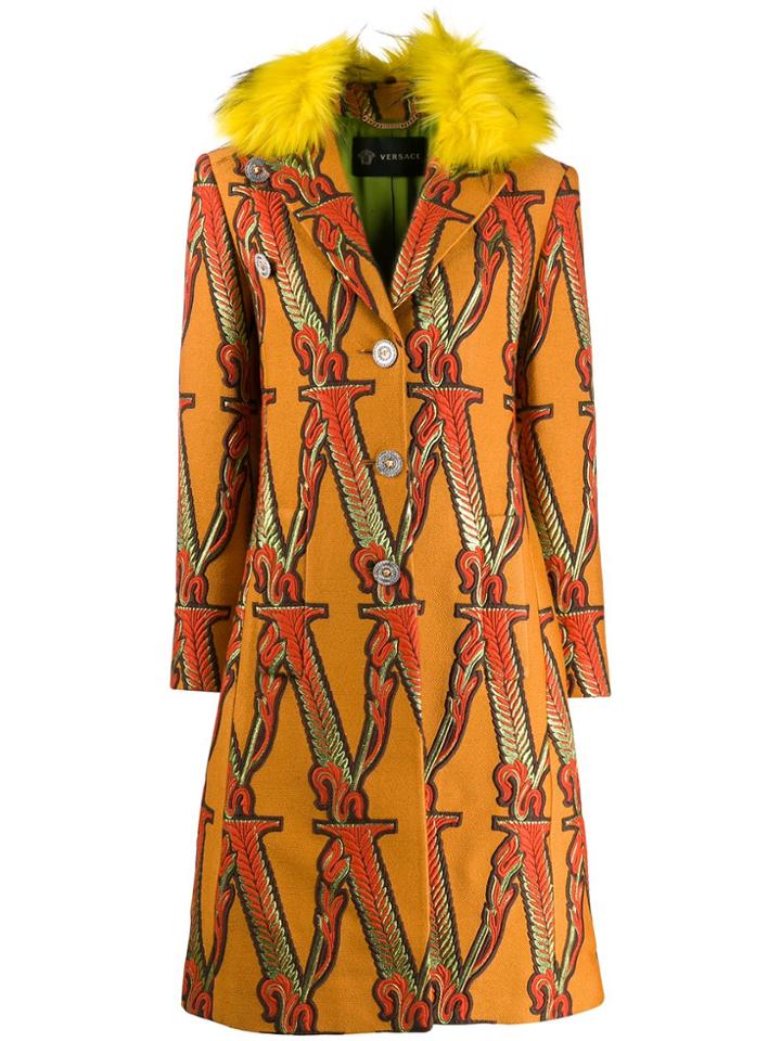 Versace Logo Embroidered Trimmed Coat - Orange