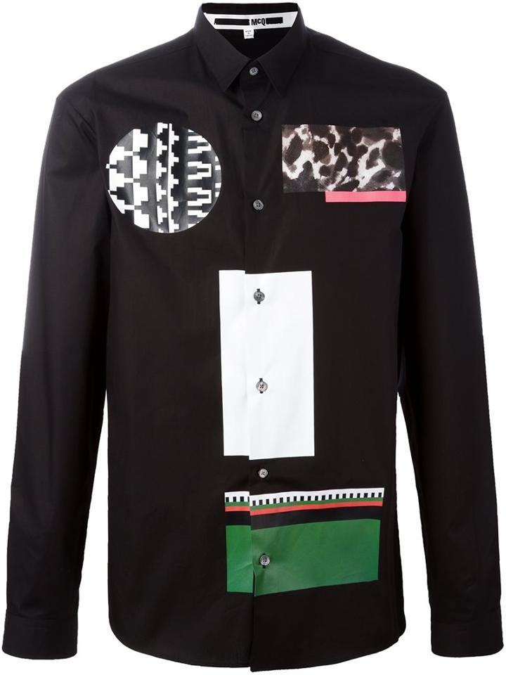 Mcq Alexander Mcqueen Mixed Print Shirt, Men's, Size: 48, Black, Cotton
