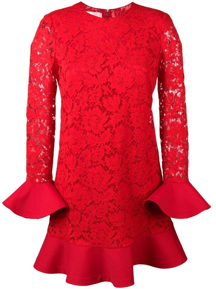 Valentino Ruffled Lace Dress - Red