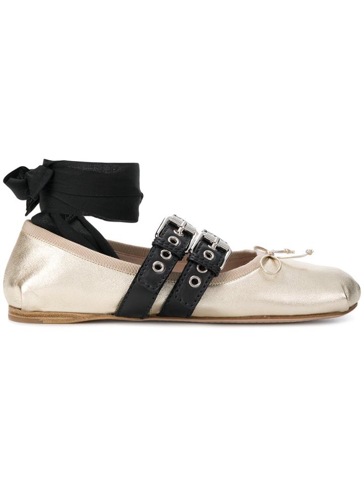 Miu Miu Ankle Ribbon Ballerinas - Metallic