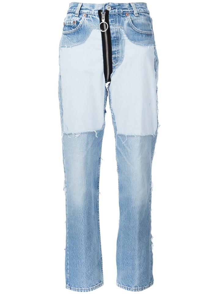 Off-white Contrast Panel Boyfriend Jeans - Blue