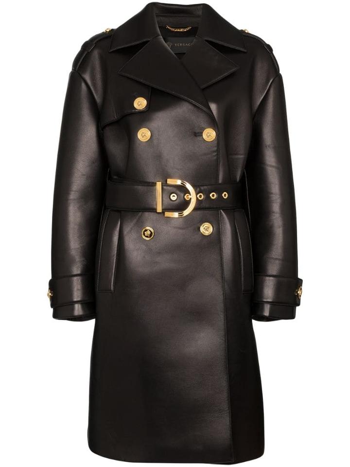 Versace Lambskin Leather Trench Coat - Black