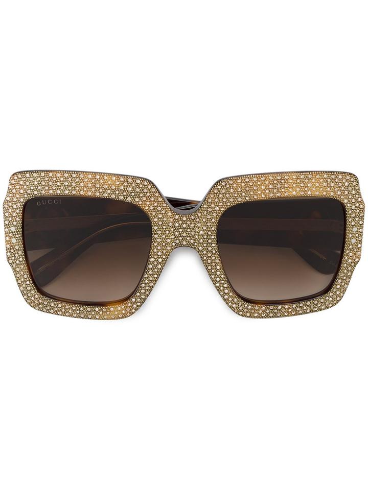 Gucci Rhinestone Embellished Sunglasses, Women's, Brown, Acetate